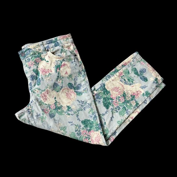 Lauren Ralph Lauren Floral Crop Denim Capri Pants Size 10 Blue Pink Summer - Picture 1 of 8